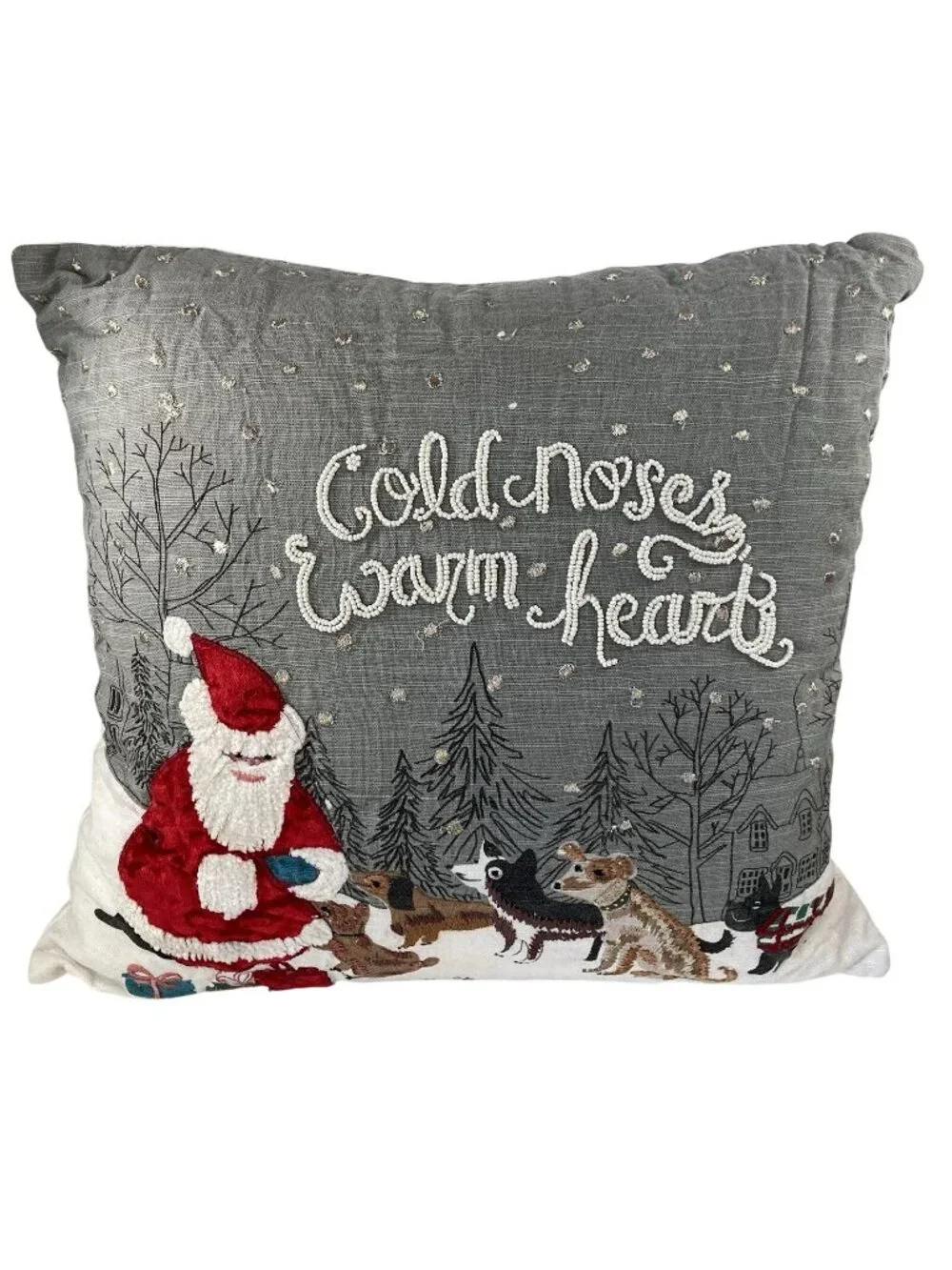 Pier 1 Cold Noses Warm Heart Dog Throw Pillow White Beaded Santa Christmas 17x16